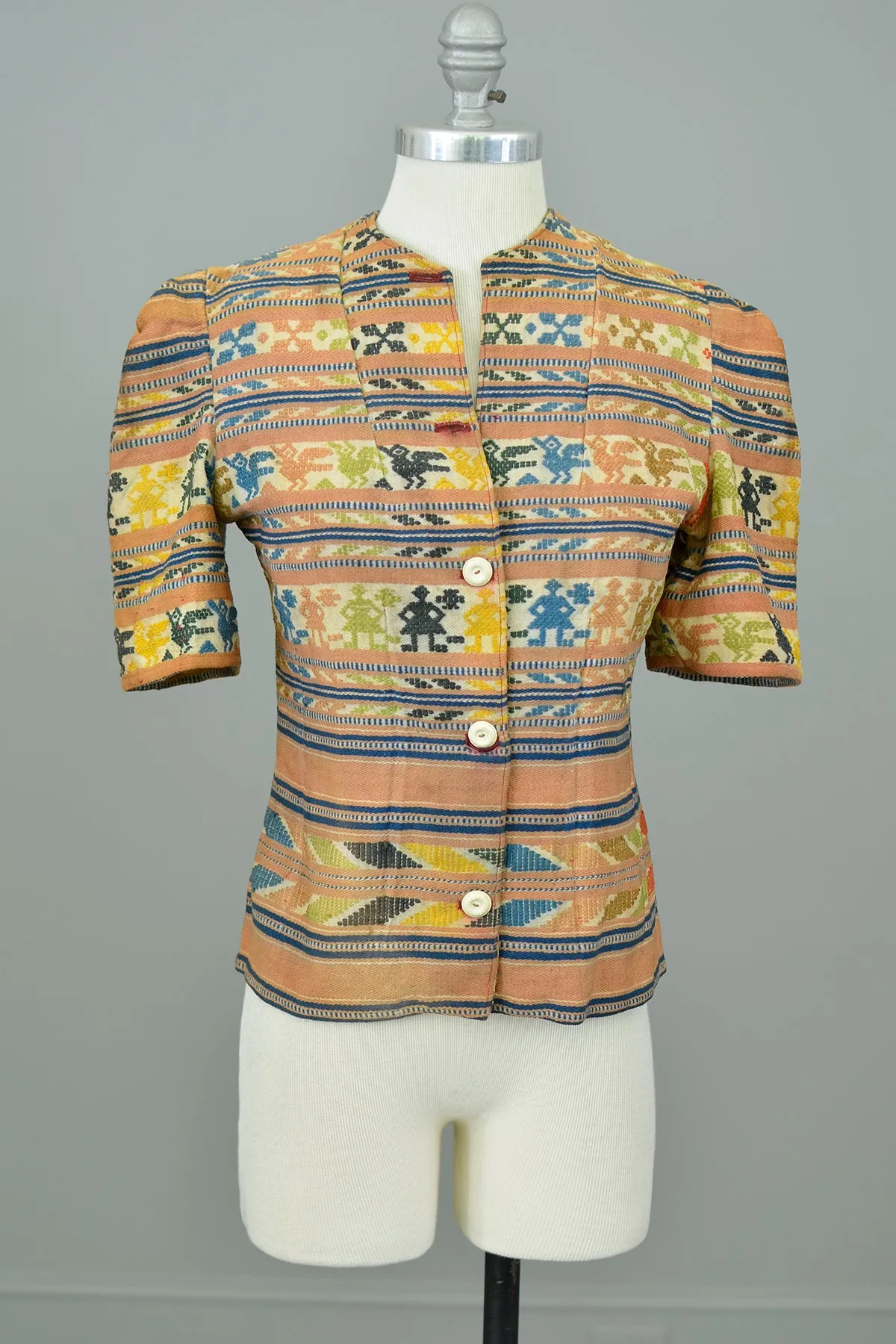 1930s Hand Woven People   Birds Puff Sleeve Jacket | As is needs work
