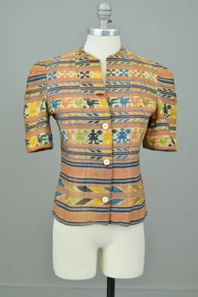 1930s Hand Woven People   Birds Puff Sleeve Jacket | As is needs work