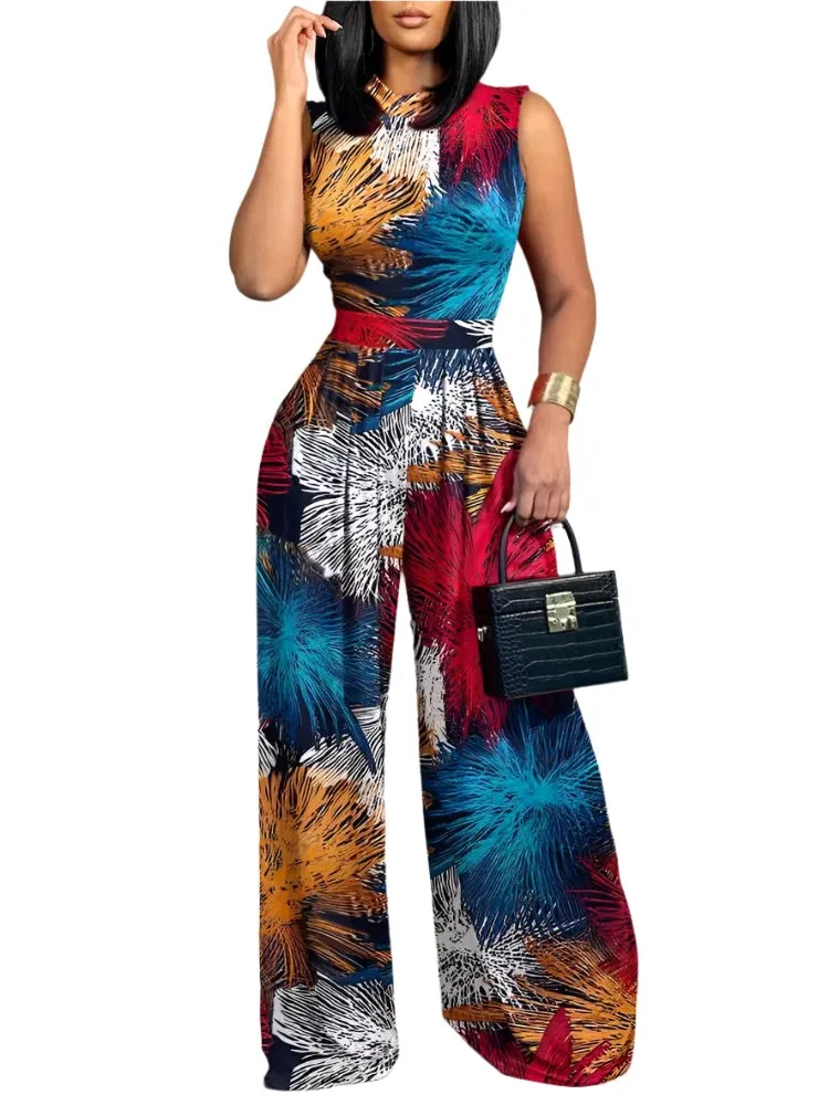 2025 Spring/Summer Fashion: Elegant Women's Sleeveless Printed Wide-Leg Jumpsuit for Casual Holidays