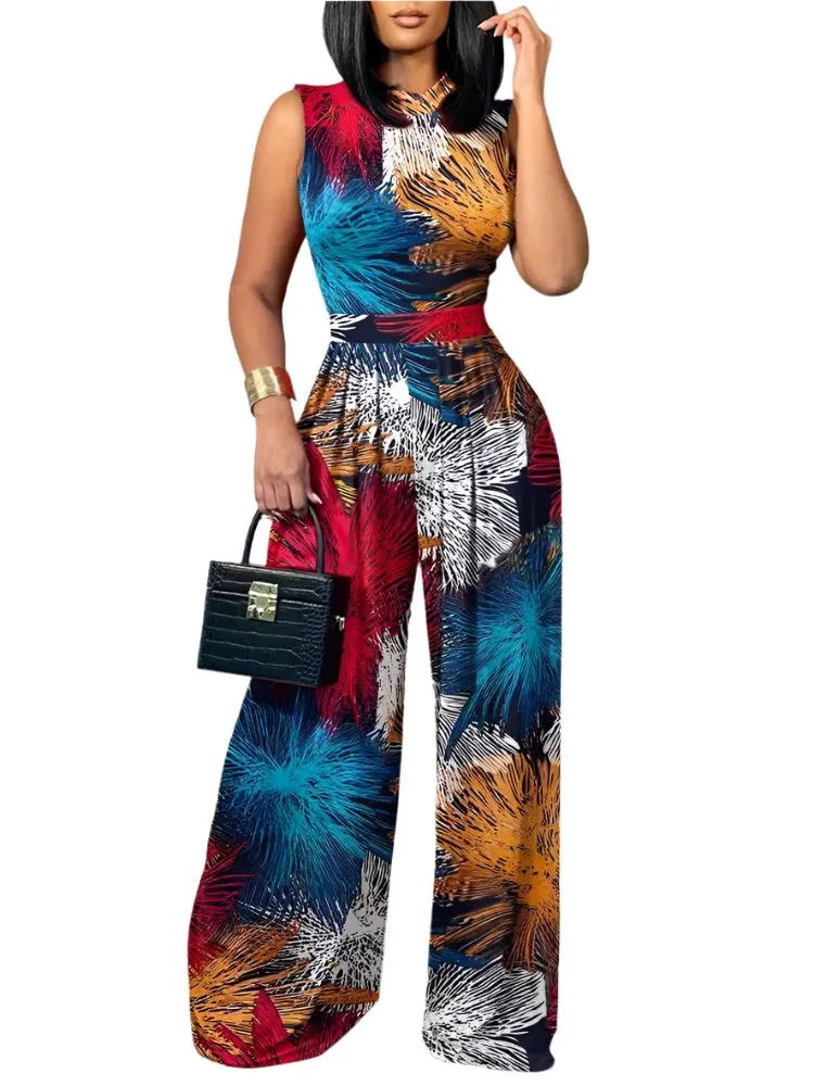 2025 Spring/Summer Fashion: Elegant Women's Sleeveless Printed Wide-Leg Jumpsuit for Casual Holidays