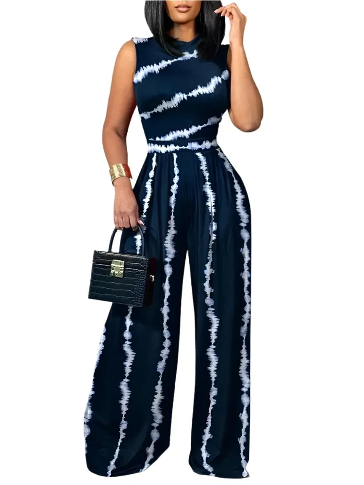 2025 Spring/Summer Fashion: Elegant Women's Sleeveless Printed Wide-Leg Jumpsuit for Casual Holidays