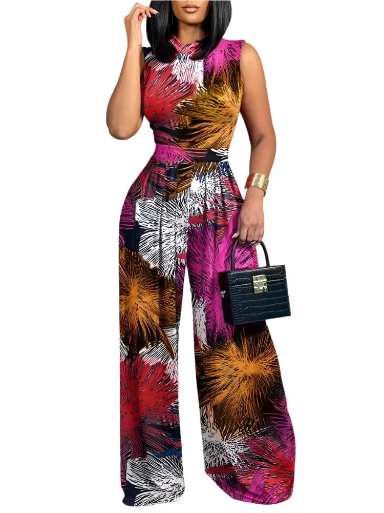 2025 Spring/Summer Fashion: Elegant Women's Sleeveless Printed Wide-Leg Jumpsuit for Casual Holidays