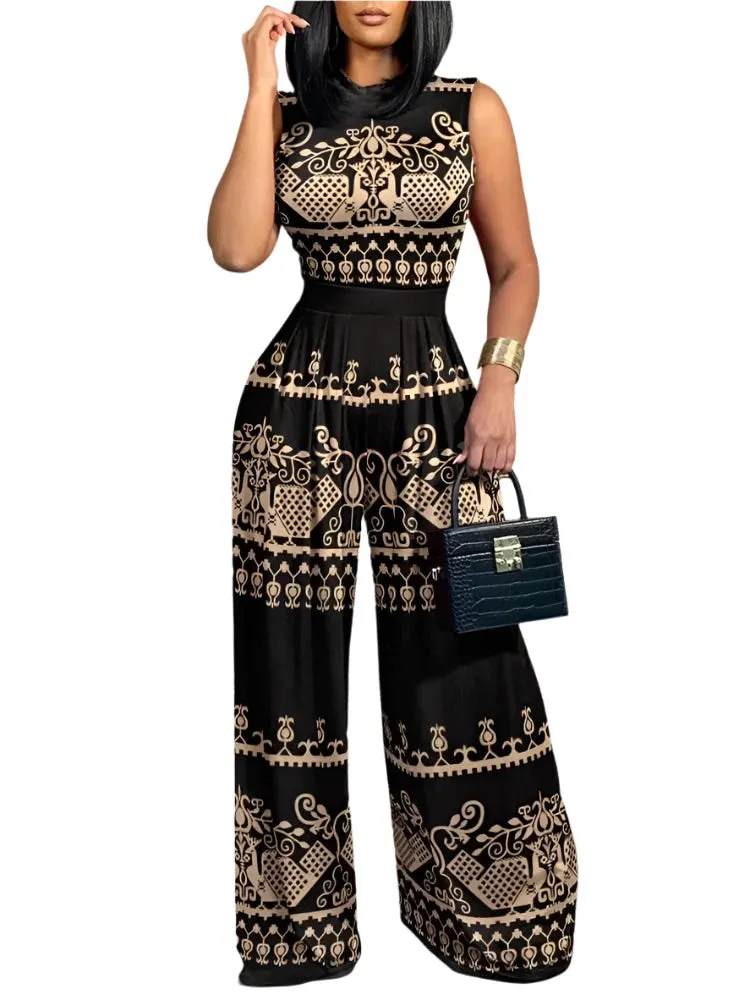 2025 Spring/Summer Fashion: Elegant Women's Sleeveless Printed Wide-Leg Jumpsuit for Casual Holidays