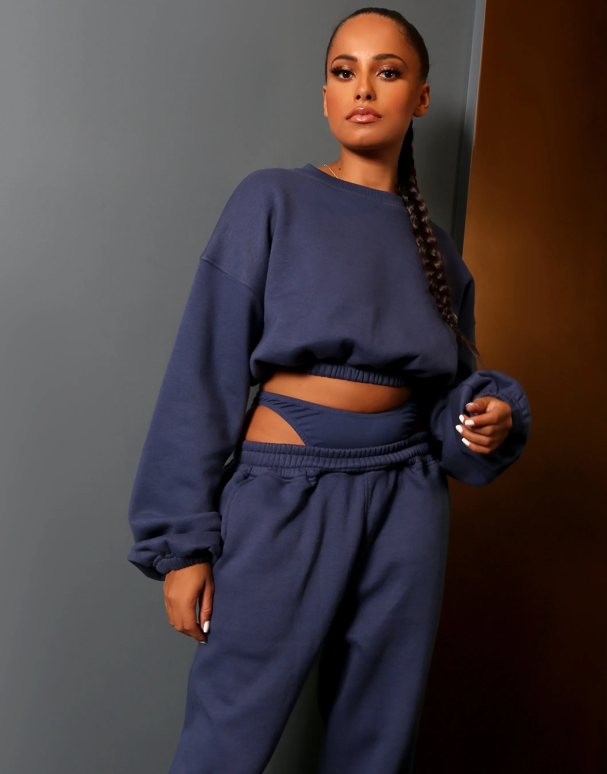 Amber x Public Desire crop sweatshirt co-ord in navy