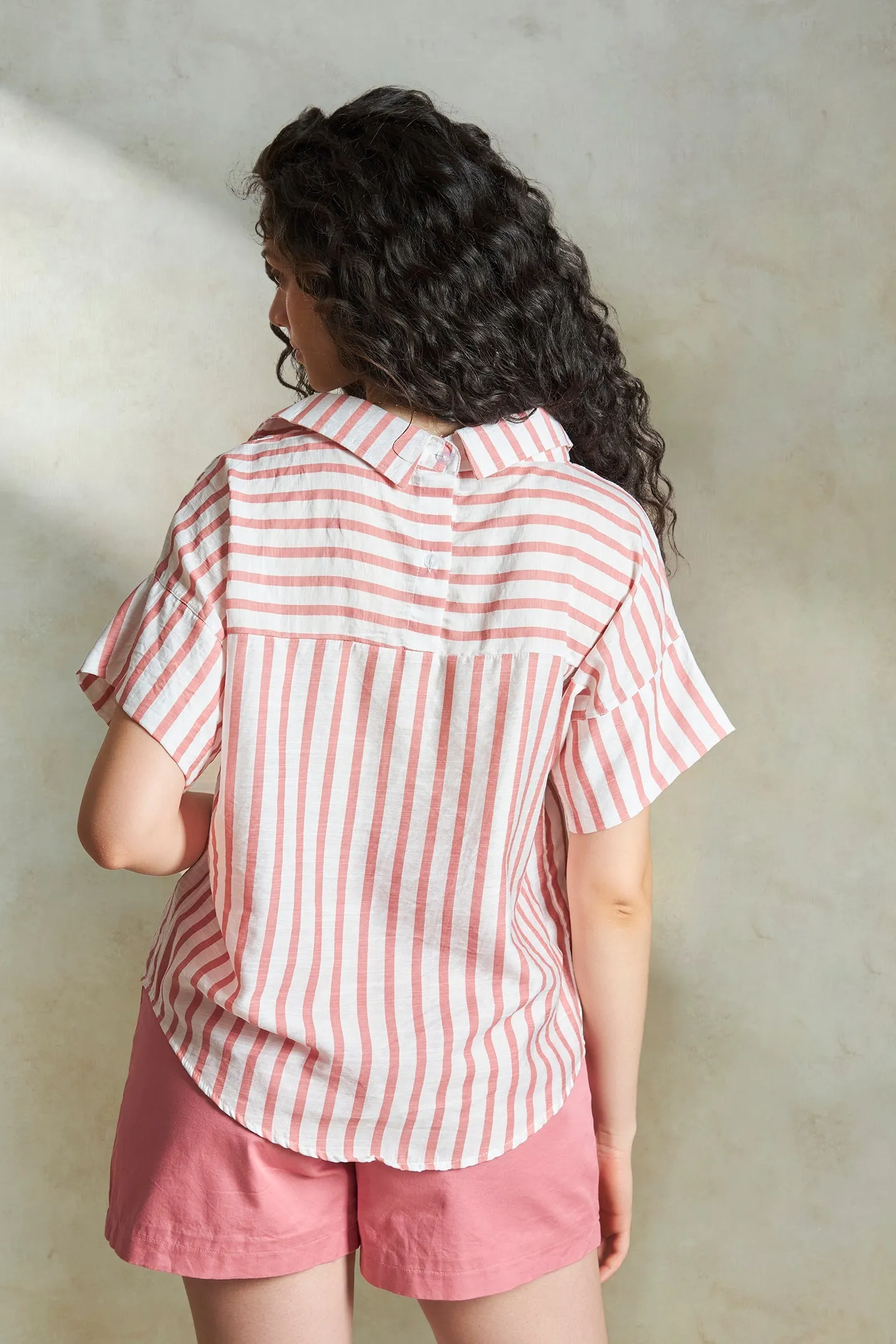 Amie|Back Button Striped Shirt