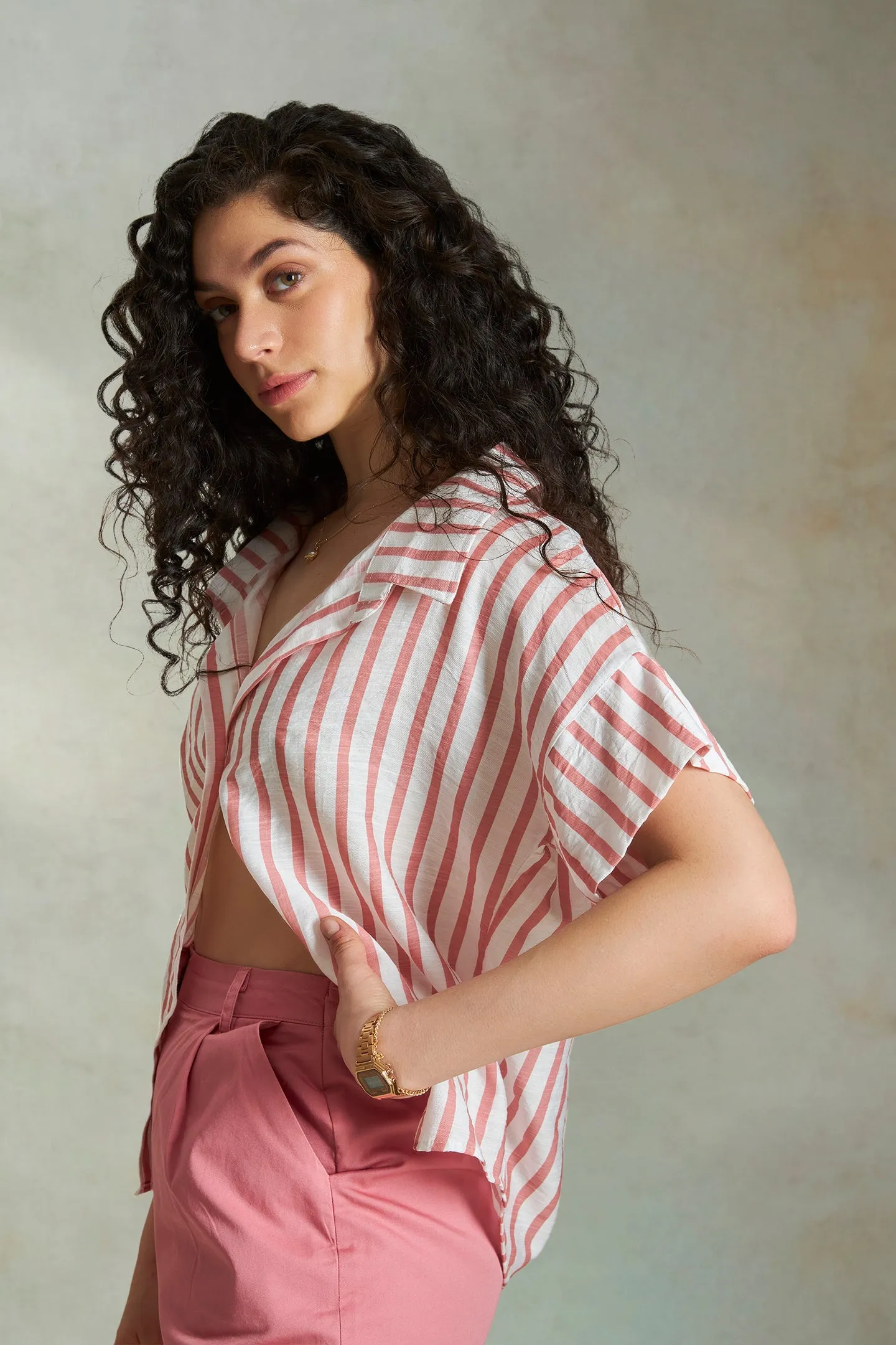 Amie|Back Button Striped Shirt