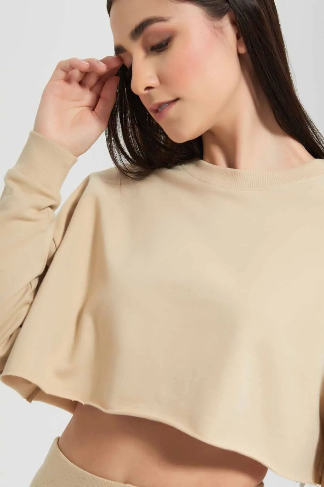 Beige Plain Cropped Sweatshirt