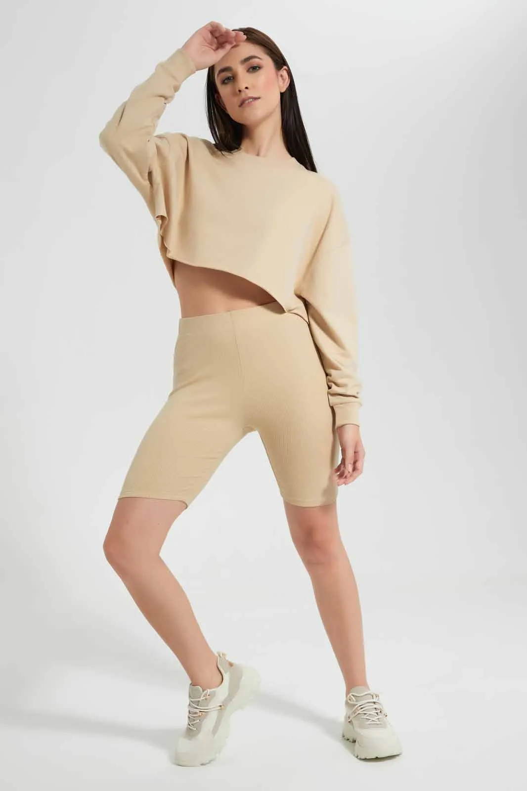 Beige Plain Cropped Sweatshirt