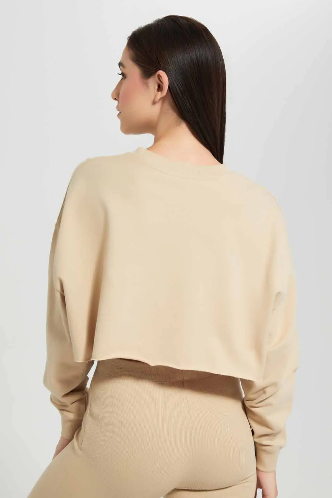 Beige Plain Cropped Sweatshirt