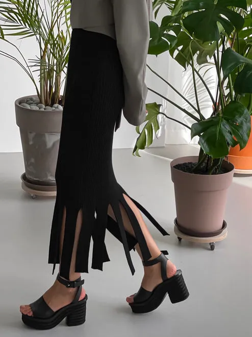 Black Midi Fringe Skirt