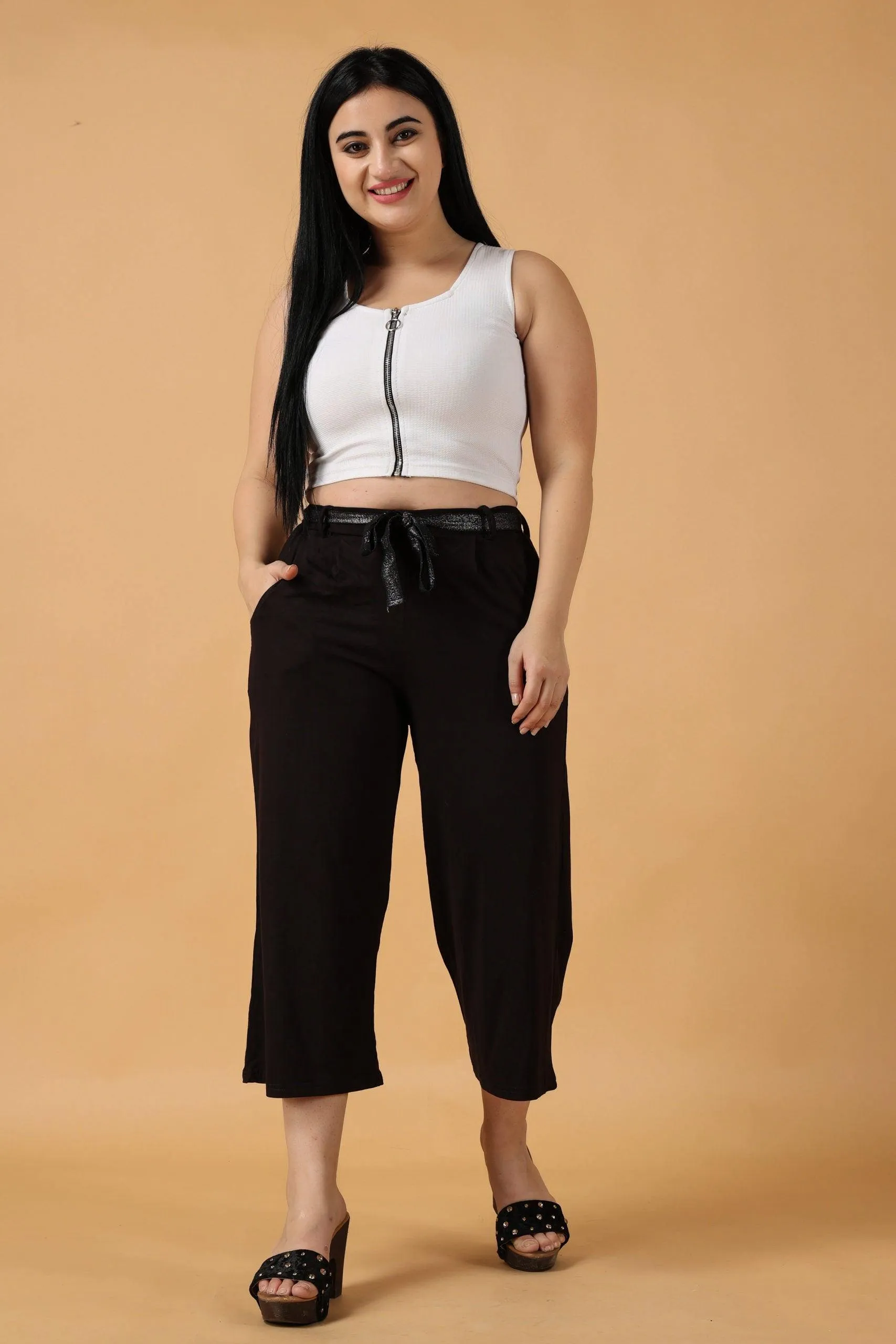 Black Solid Cropped Palazzo with Shimmer Belt