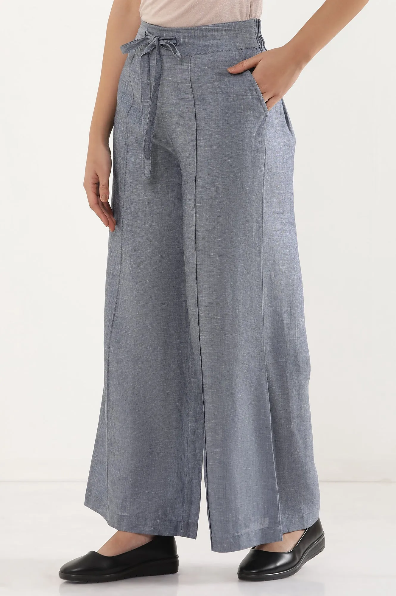 Blue Denim Pintuck Flared Pants