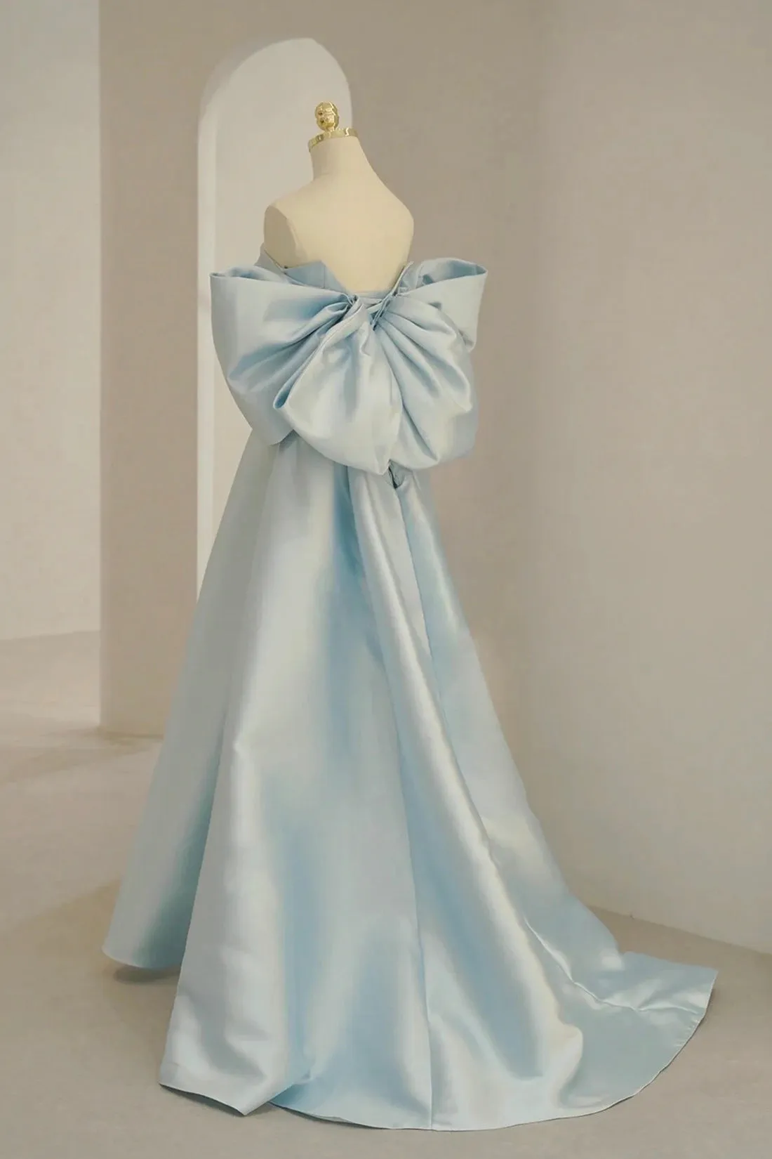 Blue Satin Long Prom Dress with Big Bow, Blue A-Line Evening Party Dress