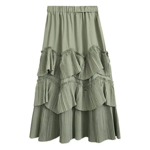 Boho Long Skirt with Ruffles in Army Green