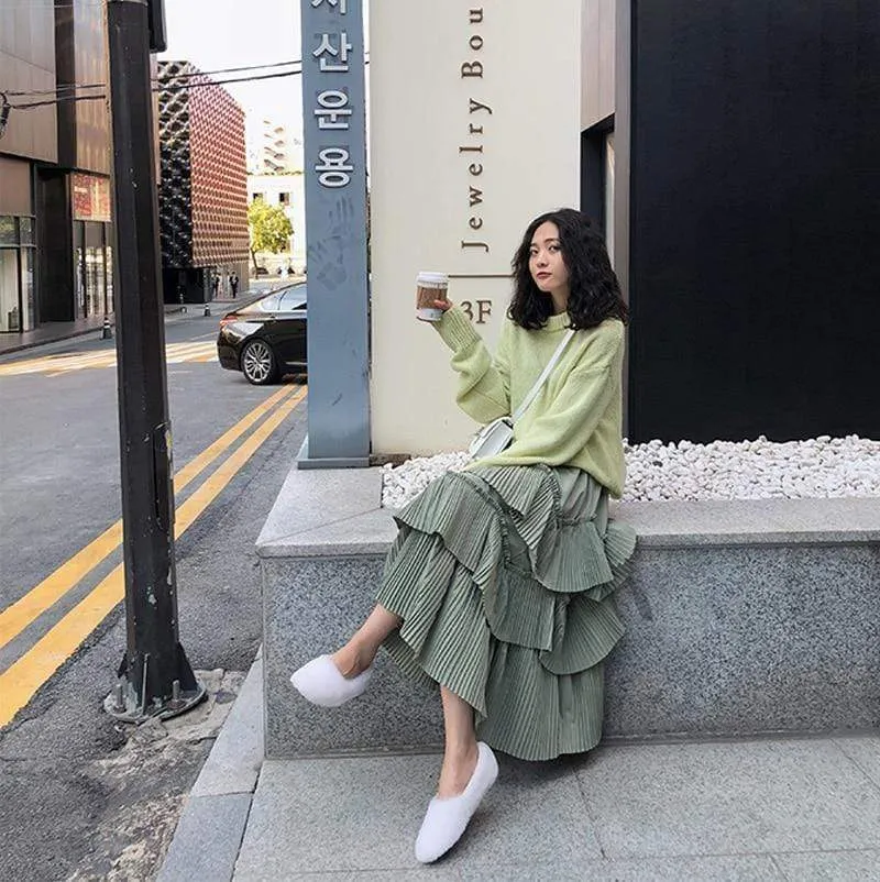 Boho Long Skirt with Ruffles in Army Green