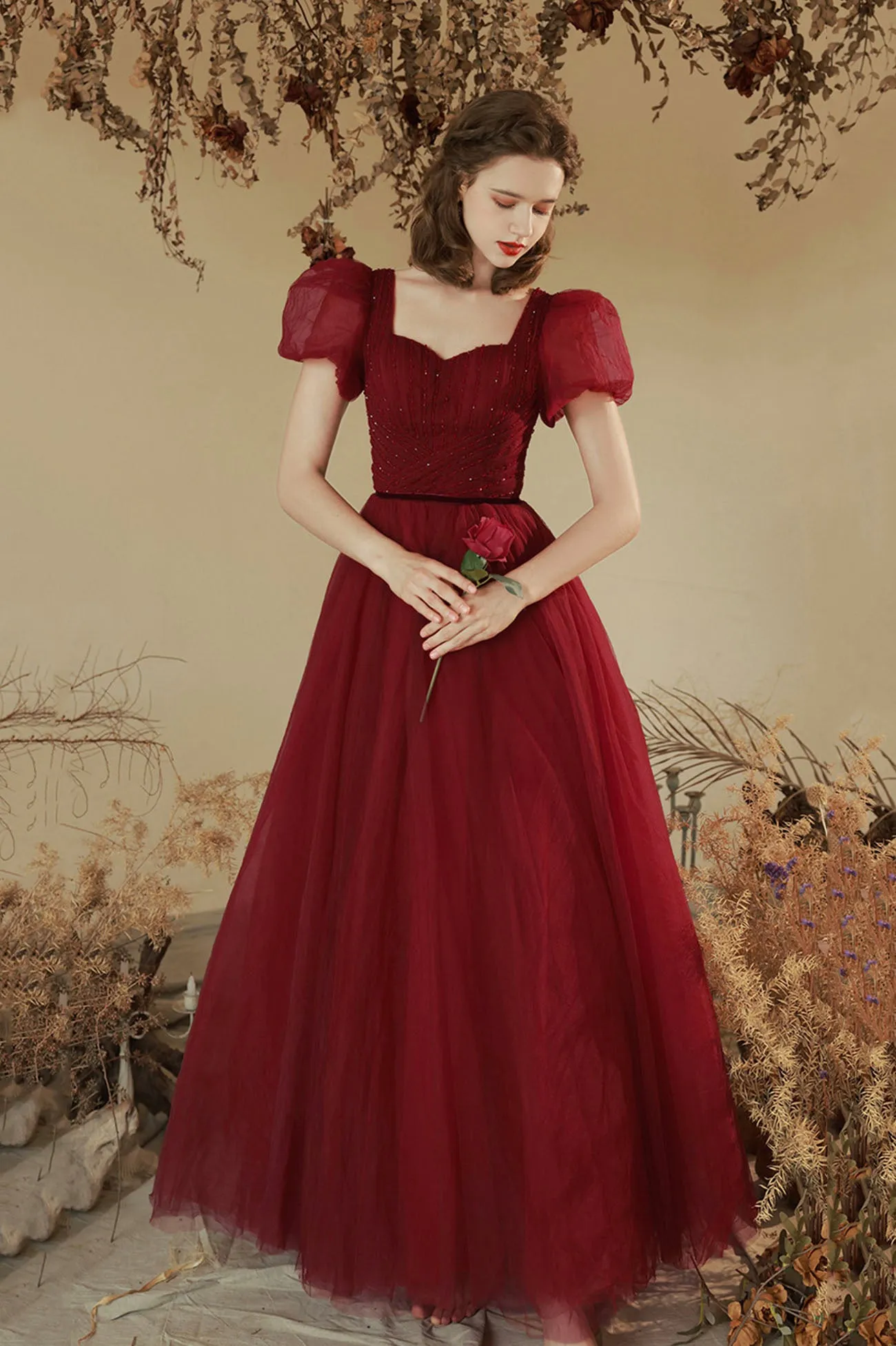 Burgundy Tulle Long A-line Prom Dress, Cute Short Sleeve Evening Party Dress