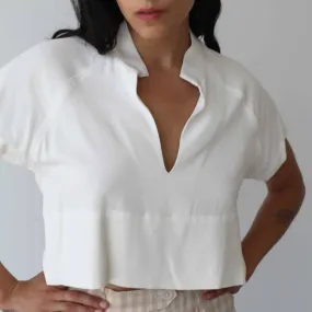 Cropped Raglan V-Neck Top- White