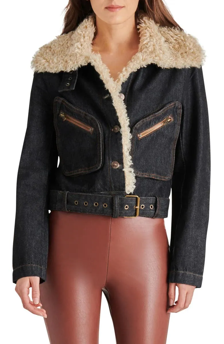 Dark Indigo Faux Shearling Washed Denim Lazuli Jacket