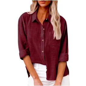 Dressy Tops for Women, Long Sleeve Shirts for Women Fall Cotton Linen Tops Blouses Casual Button Down T Shirts Lightweight Cardigans with Pocket Fashion 2024 Long Sleeve Shirts for Women B-wine