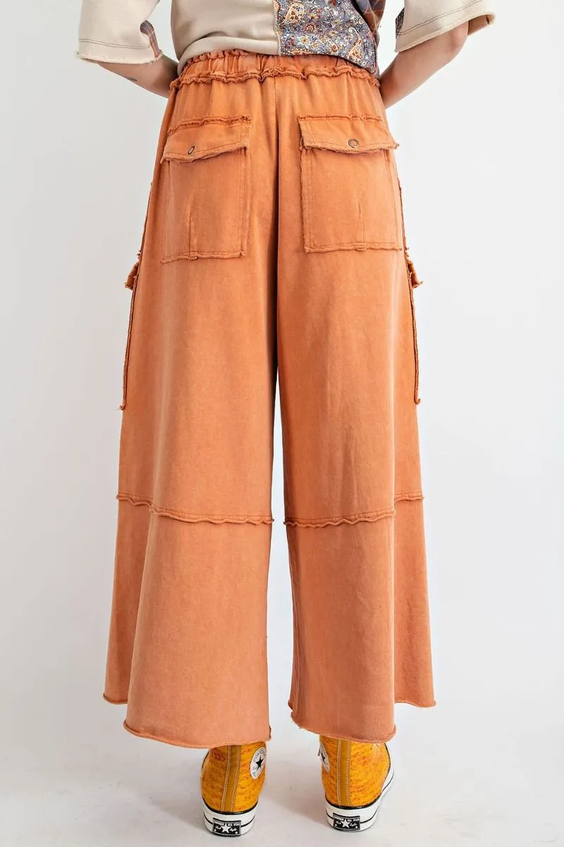Easel Mineral Washed Wide Legs Terry Knit Cargo Pants by Sensual Fashion Boutique