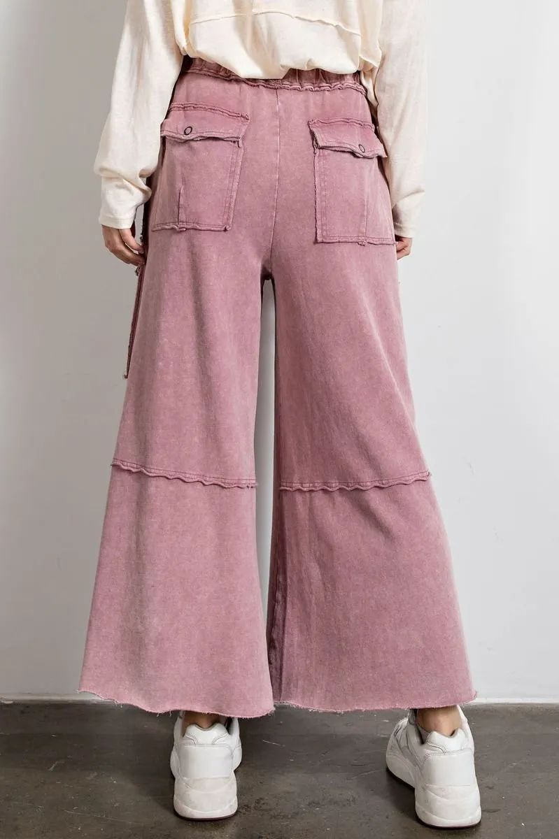 Easel Mineral Washed Wide Legs Terry Knit Cargo Pants by Sensual Fashion Boutique