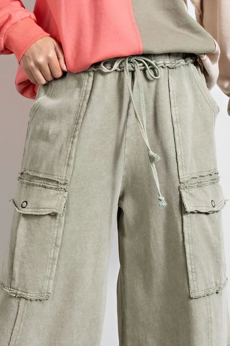 Easel Mineral Washed Wide Legs Terry Knit Cargo Pants by Sensual Fashion Boutique