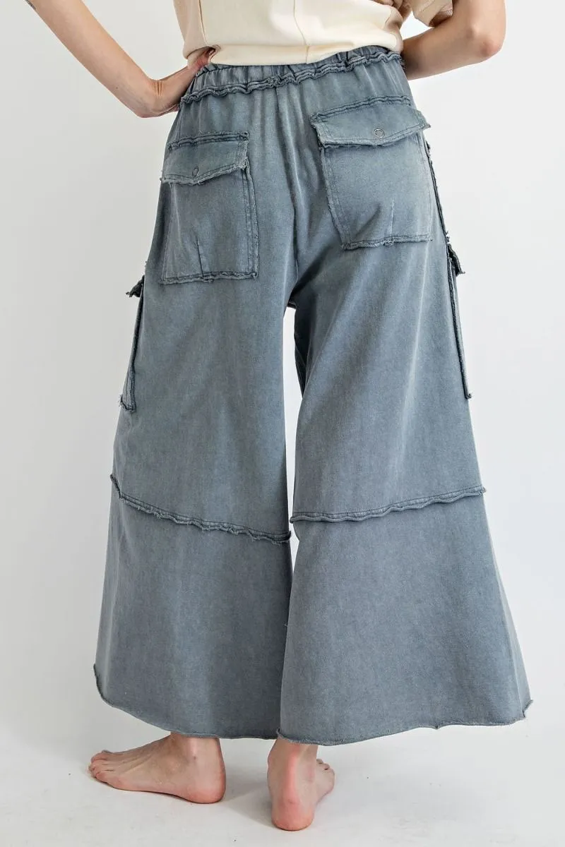 Easel Mineral Washed Wide Legs Terry Knit Cargo Pants by Sensual Fashion Boutique