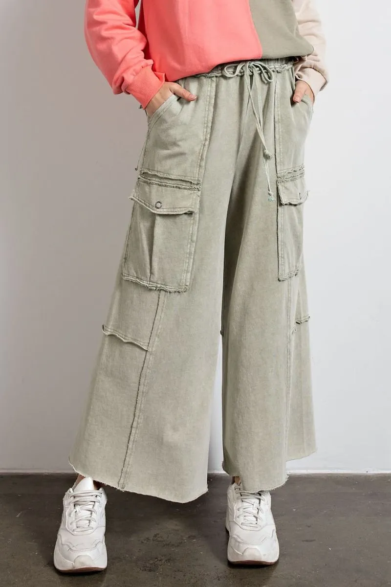 Easel Mineral Washed Wide Legs Terry Knit Cargo Pants by Sensual Fashion Boutique