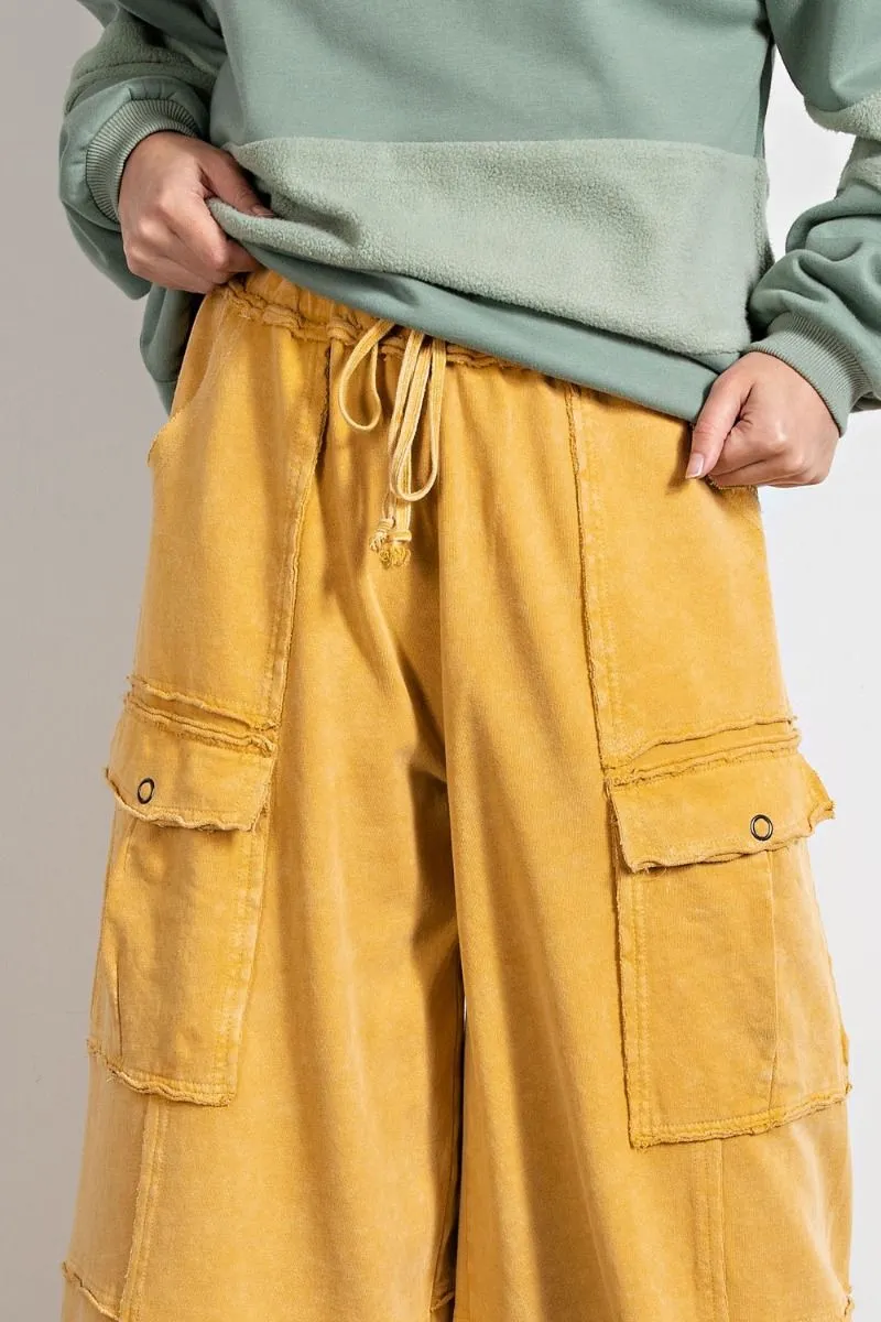 Easel Mineral Washed Wide Legs Terry Knit Cargo Pants by Sensual Fashion Boutique
