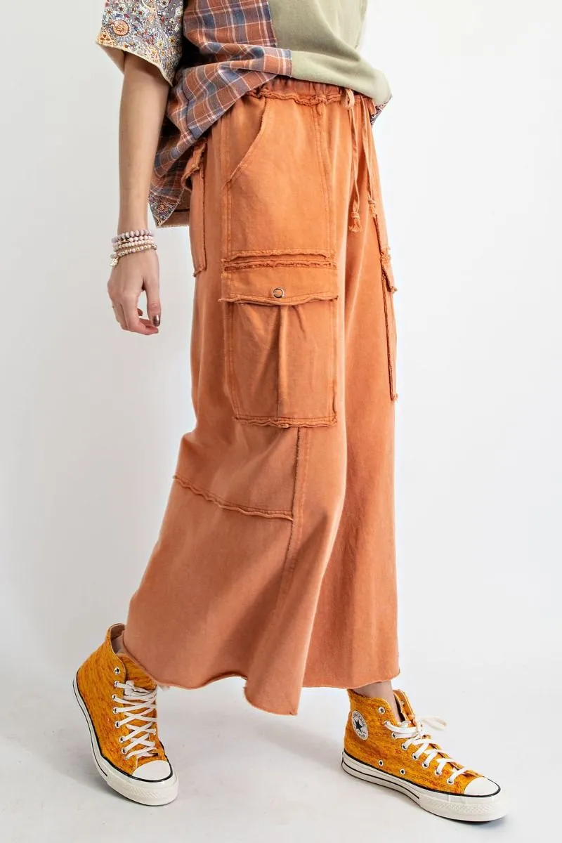 Easel Mineral Washed Wide Legs Terry Knit Cargo Pants by Sensual Fashion Boutique