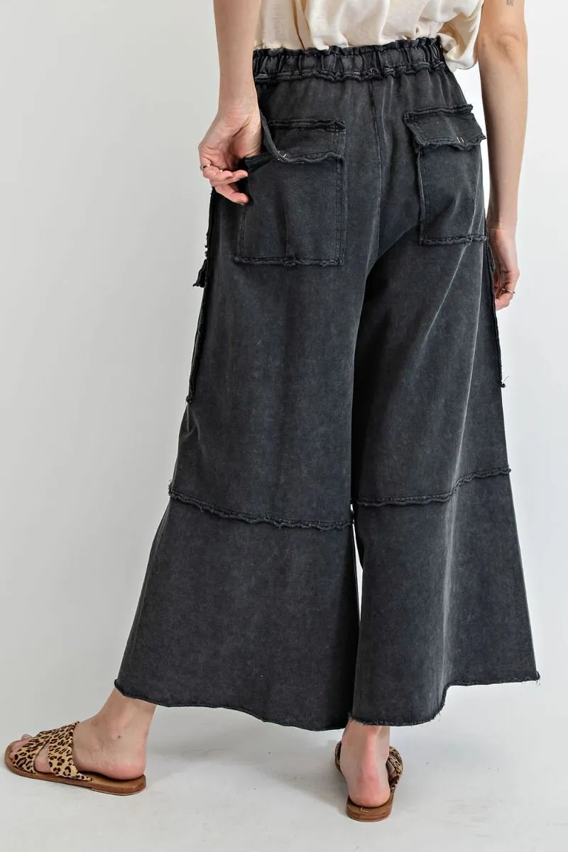 Easel Mineral Washed Wide Legs Terry Knit Cargo Pants by Sensual Fashion Boutique