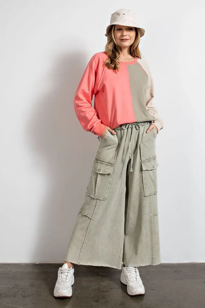 Easel Mineral Washed Wide Legs Terry Knit Cargo Pants by Sensual Fashion Boutique