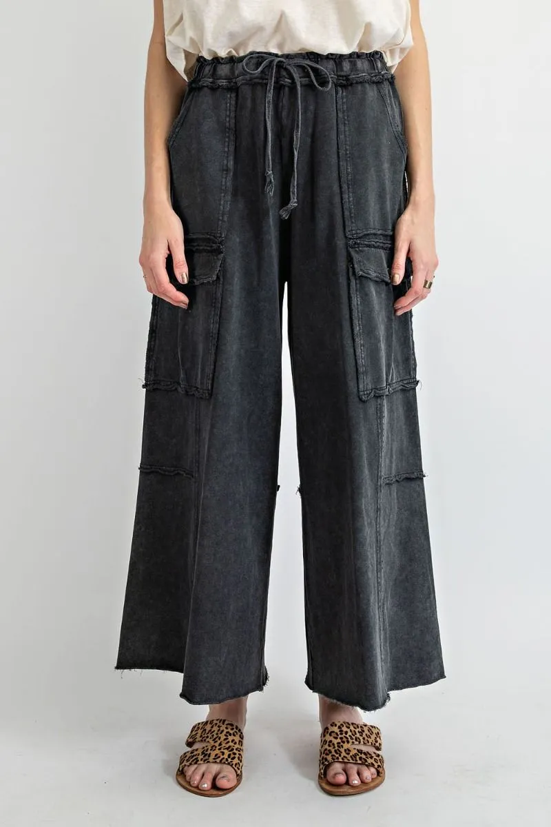Easel Mineral Washed Wide Legs Terry Knit Cargo Pants by Sensual Fashion Boutique