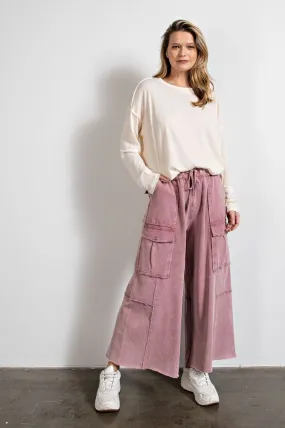 Easel Mineral Washed Wide Legs Terry Knit Cargo Pants by Sensual Fashion Boutique