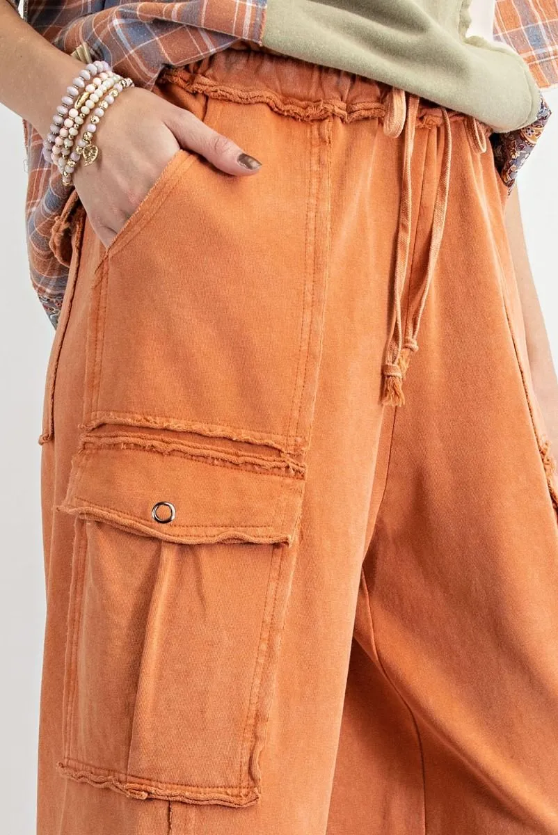 Easel Mineral Washed Wide Legs Terry Knit Cargo Pants by Sensual Fashion Boutique