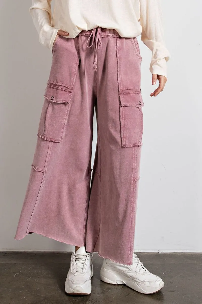 Easel Mineral Washed Wide Legs Terry Knit Cargo Pants by Sensual Fashion Boutique