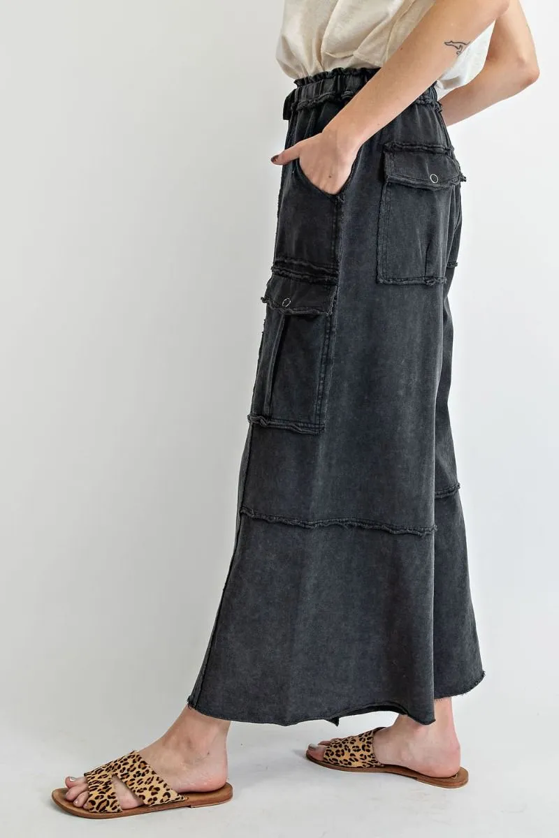 Easel Mineral Washed Wide Legs Terry Knit Cargo Pants by Sensual Fashion Boutique