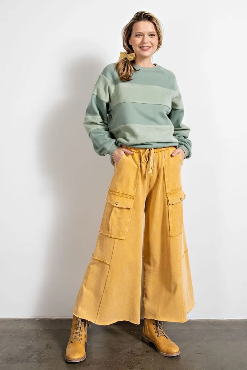 Easel Mineral Washed Wide Legs Terry Knit Cargo Pants by Sensual Fashion Boutique