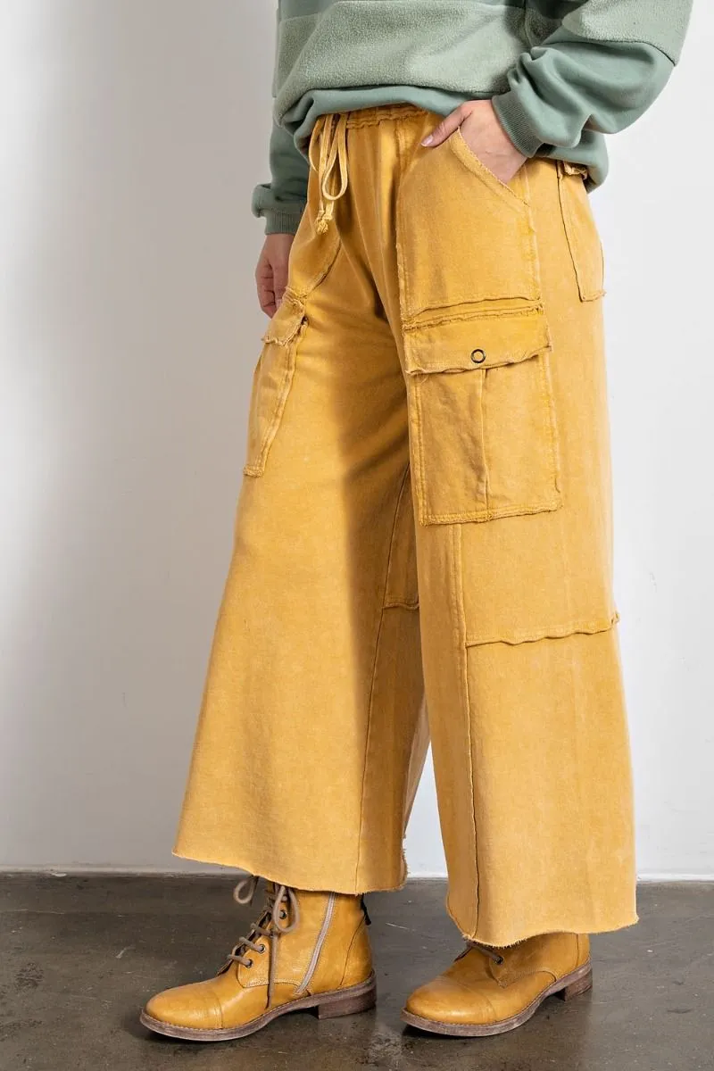 Easel Mineral Washed Wide Legs Terry Knit Cargo Pants by Sensual Fashion Boutique