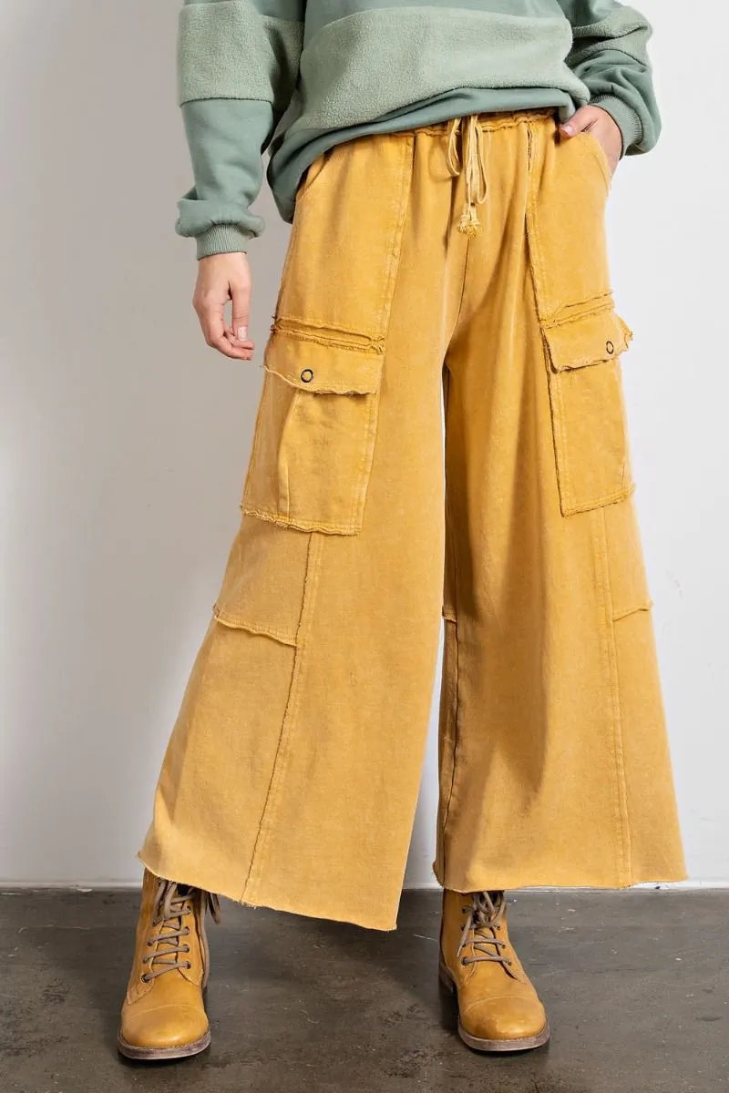 Easel Mineral Washed Wide Legs Terry Knit Cargo Pants by Sensual Fashion Boutique