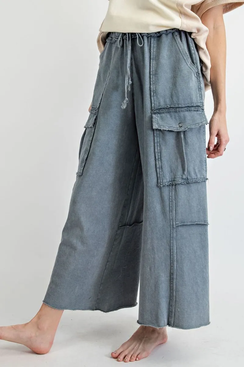 Easel Mineral Washed Wide Legs Terry Knit Cargo Pants by Sensual Fashion Boutique