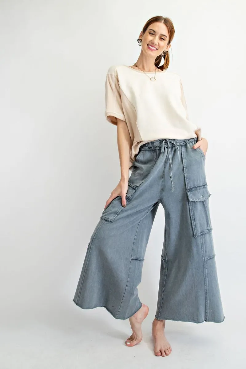 Easel Mineral Washed Wide Legs Terry Knit Cargo Pants by Sensual Fashion Boutique