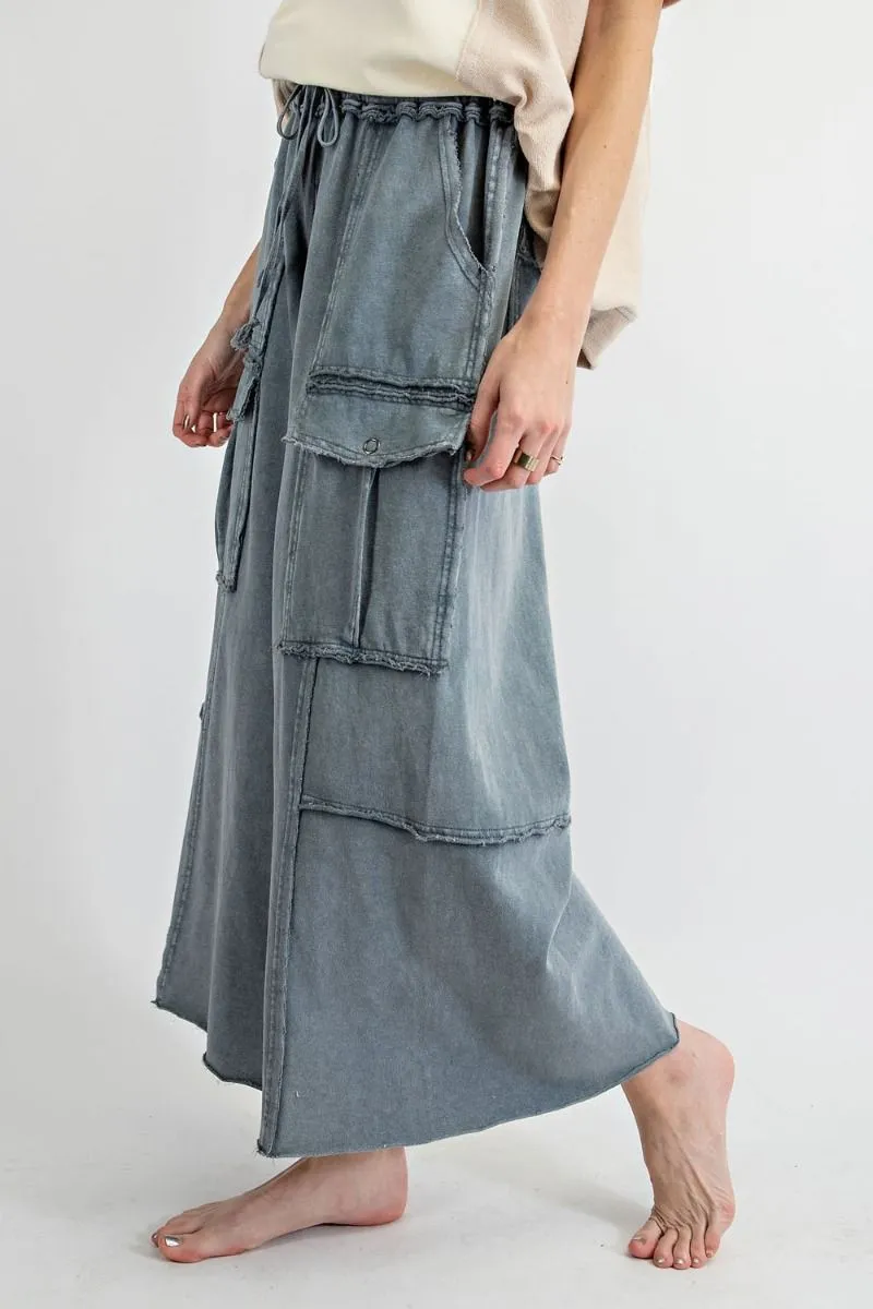 Easel Mineral Washed Wide Legs Terry Knit Cargo Pants by Sensual Fashion Boutique