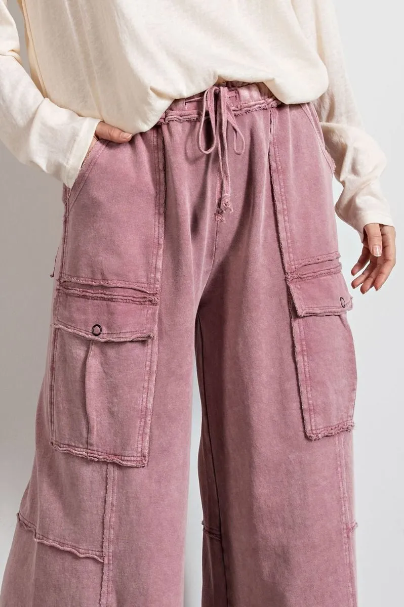 Easel Mineral Washed Wide Legs Terry Knit Cargo Pants by Sensual Fashion Boutique