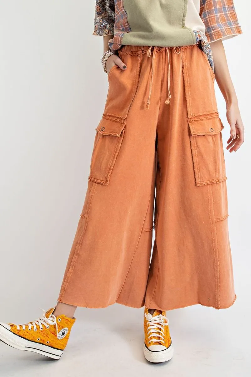 Easel Mineral Washed Wide Legs Terry Knit Cargo Pants by Sensual Fashion Boutique
