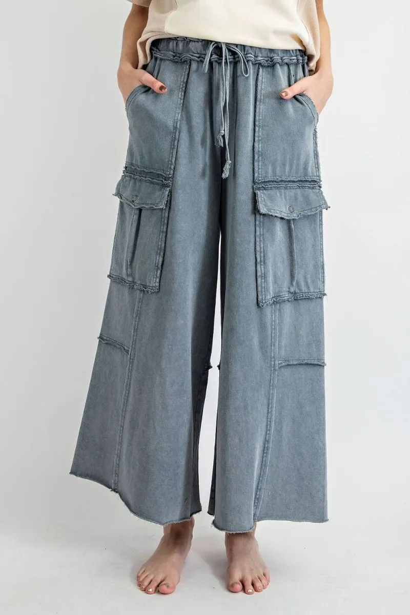 Easel Mineral Washed Wide Legs Terry Knit Cargo Pants by Sensual Fashion Boutique