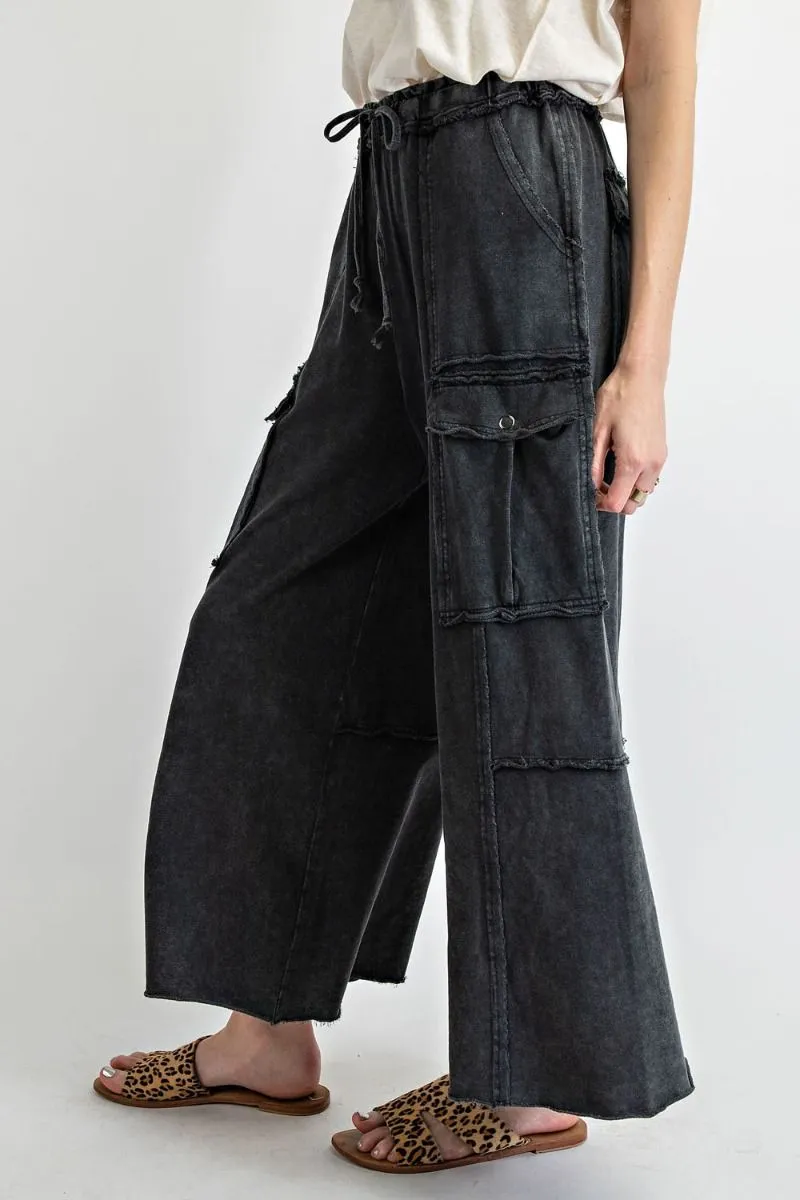 Easel Mineral Washed Wide Legs Terry Knit Cargo Pants by Sensual Fashion Boutique