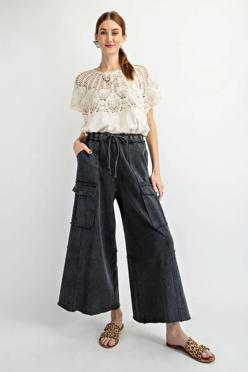 Easel Mineral Washed Wide Legs Terry Knit Cargo Pants by Sensual Fashion Boutique