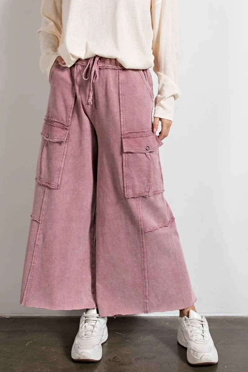 Easel Mineral Washed Wide Legs Terry Knit Cargo Pants by Sensual Fashion Boutique
