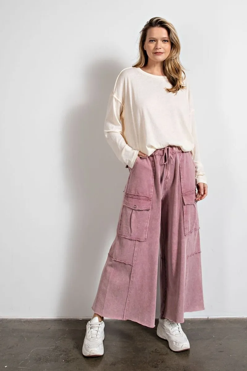 Easel Mineral Washed Wide Legs Terry Knit Cargo Pants by Sensual Fashion Boutique
